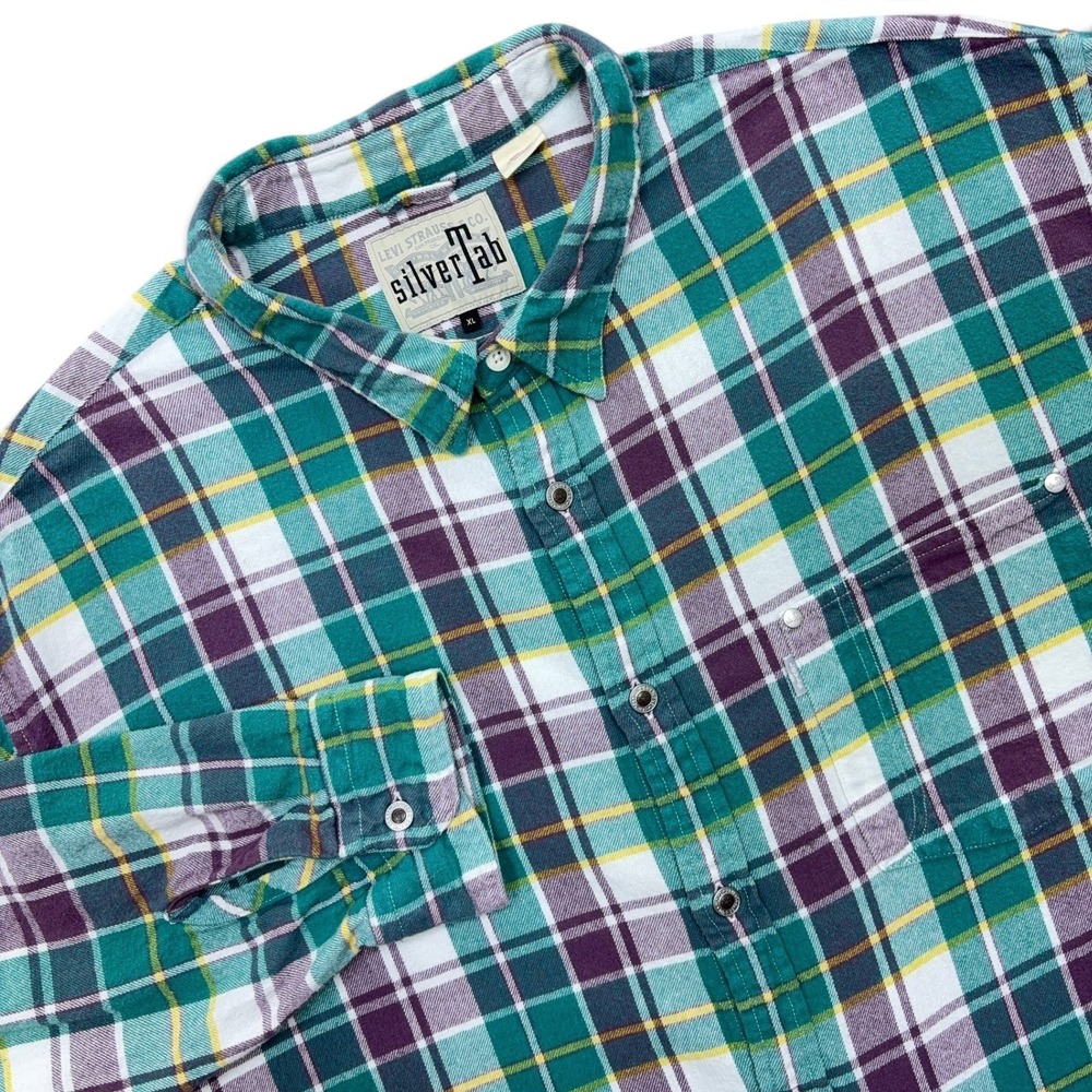 Levi's SilverTab Flannel Shirt Mens XL Teal Purple Plaid Oversized Metal Button